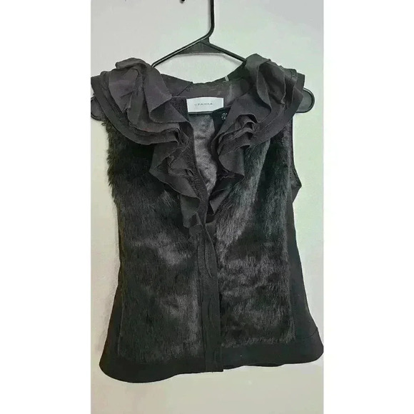 T Tahari Women's Black Faux Fur Vest with Ruffle Neck Size S - Picture 3 of 5